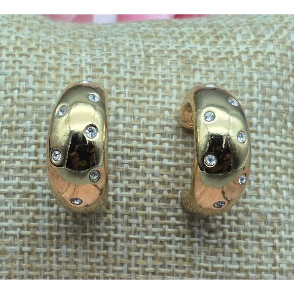 Cute AVON Gold Tone Small Hoop Earrings with Crystal Accents Classic 1" - Picture 2 of 12